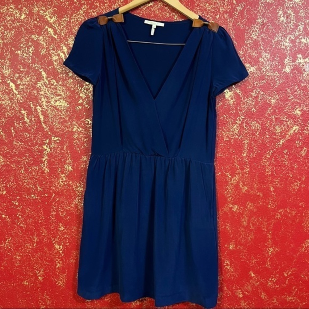 MAJE Navy LARISSA Leather Shoulder Bow Silk Mini Dress 2